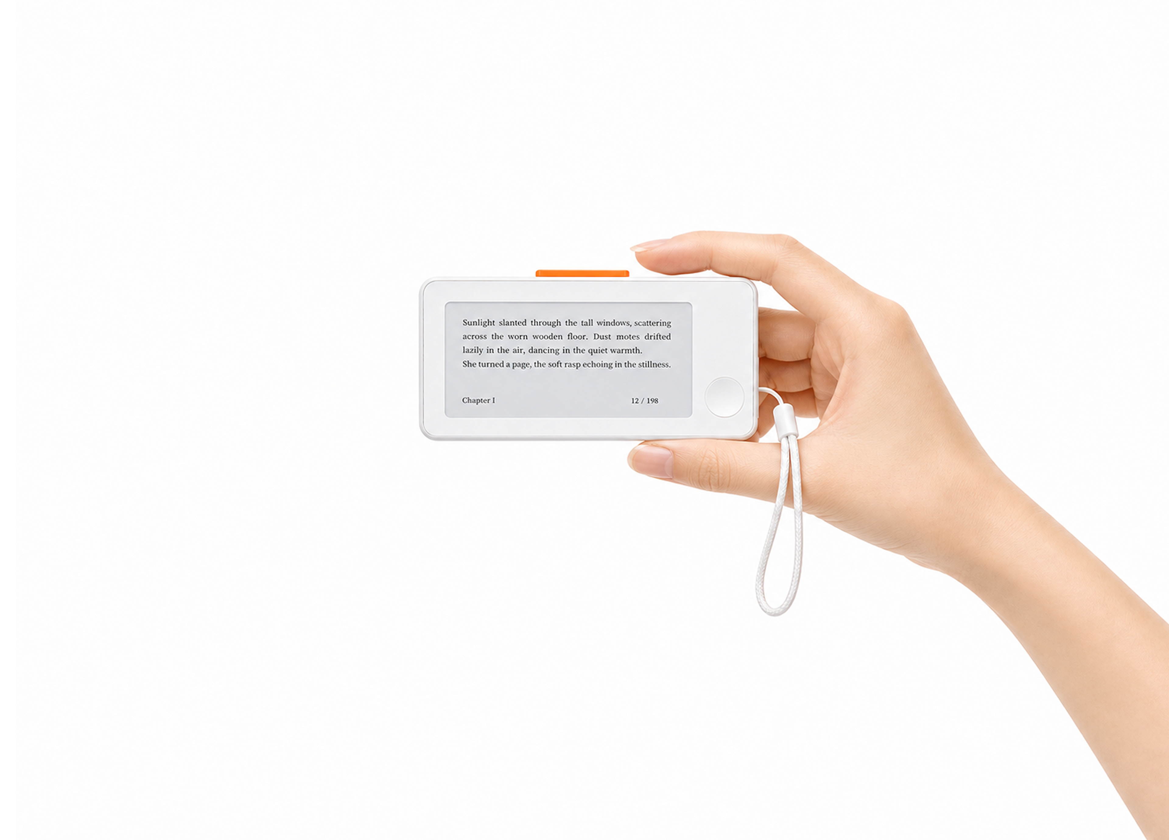 A hand holding the pocket-sized Tiny Tome with an e-ink page and wrist lanyard