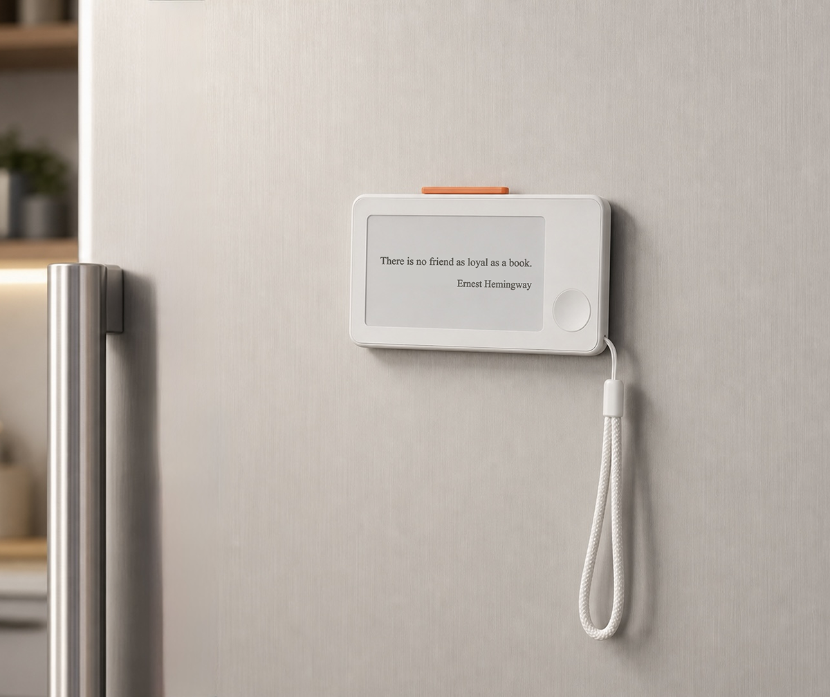 Tiny Tome attached to a refrigerator showing an idle quote